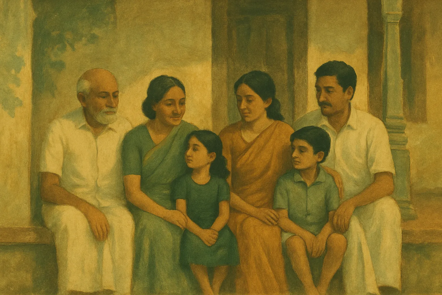 A painting of a family of three generations sitting together on the veranda of a warm home in the evening light.