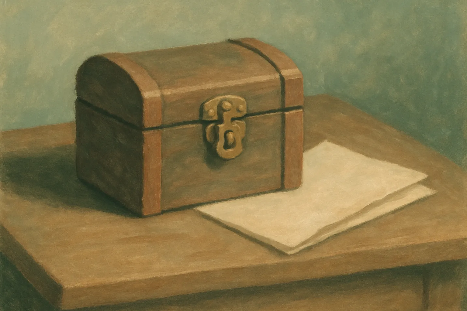 A painting of a small wooden chest with a brass lock, a folded document resting beside it in warm light.