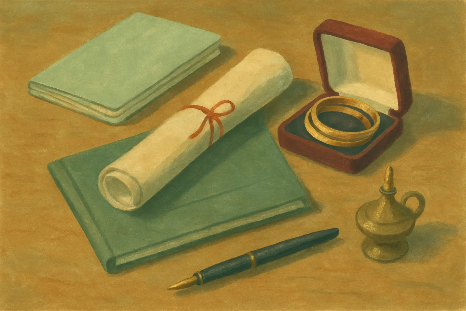 A painting of a family's important things: a passbook, an insurance folder, a rolled property paper tied with red thread, gold bangles in a box, a pen and a small brass lamp.